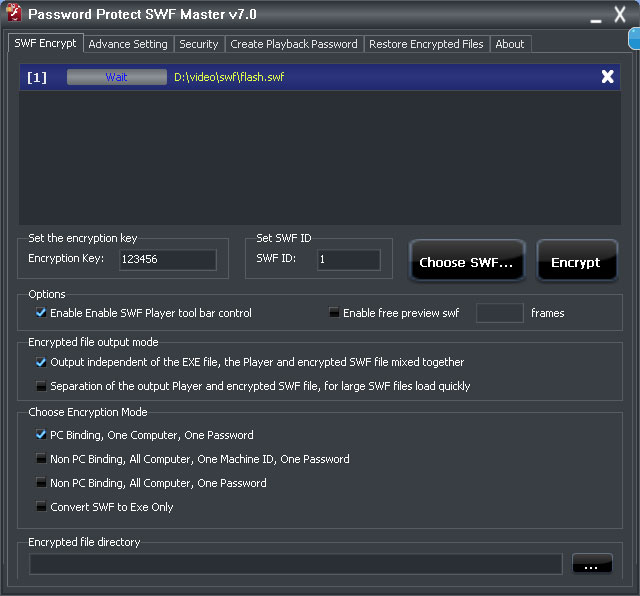 Password Protect SWF Master Setting User Interface