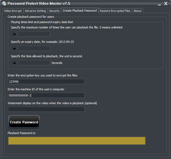 Password Protect Video Master create playback password