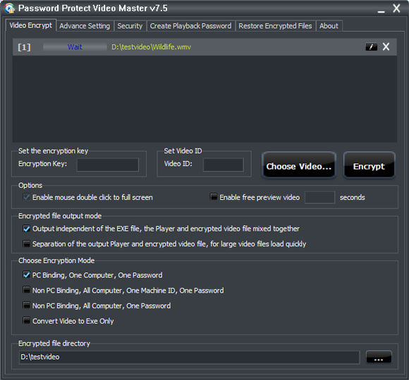 Password Protect Video Master Main User Interface